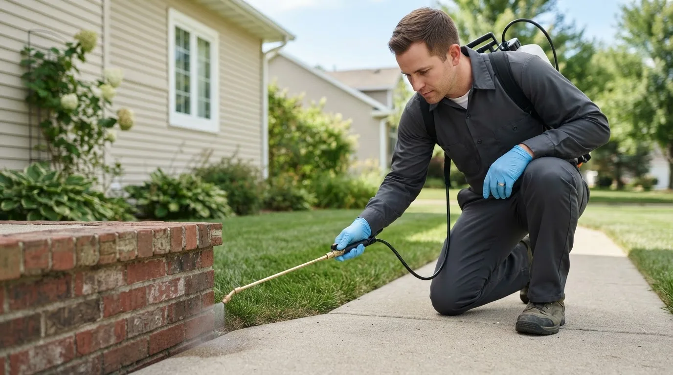 Pest control technician treating a home near Lawndale, IL